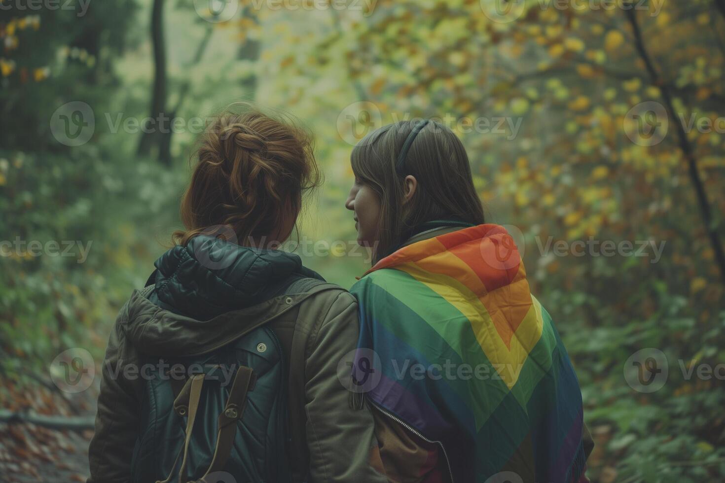 ai generato coppia di affettuoso gay donne nel un' foresta. gay amore su san valentino giorno. LGBTQ orgoglio foto