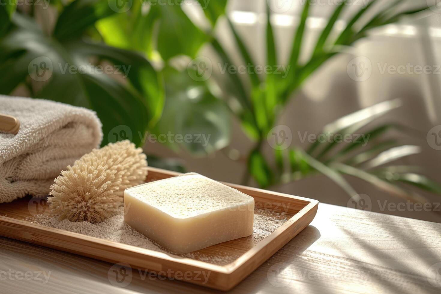 ai generato automedicazione rituale con fatto a mano sapone e naturale luffa su di legno vassoio, incarnando sostenibile lusso e benessere, pulire, e luminosa ambiente, ai-generato foto