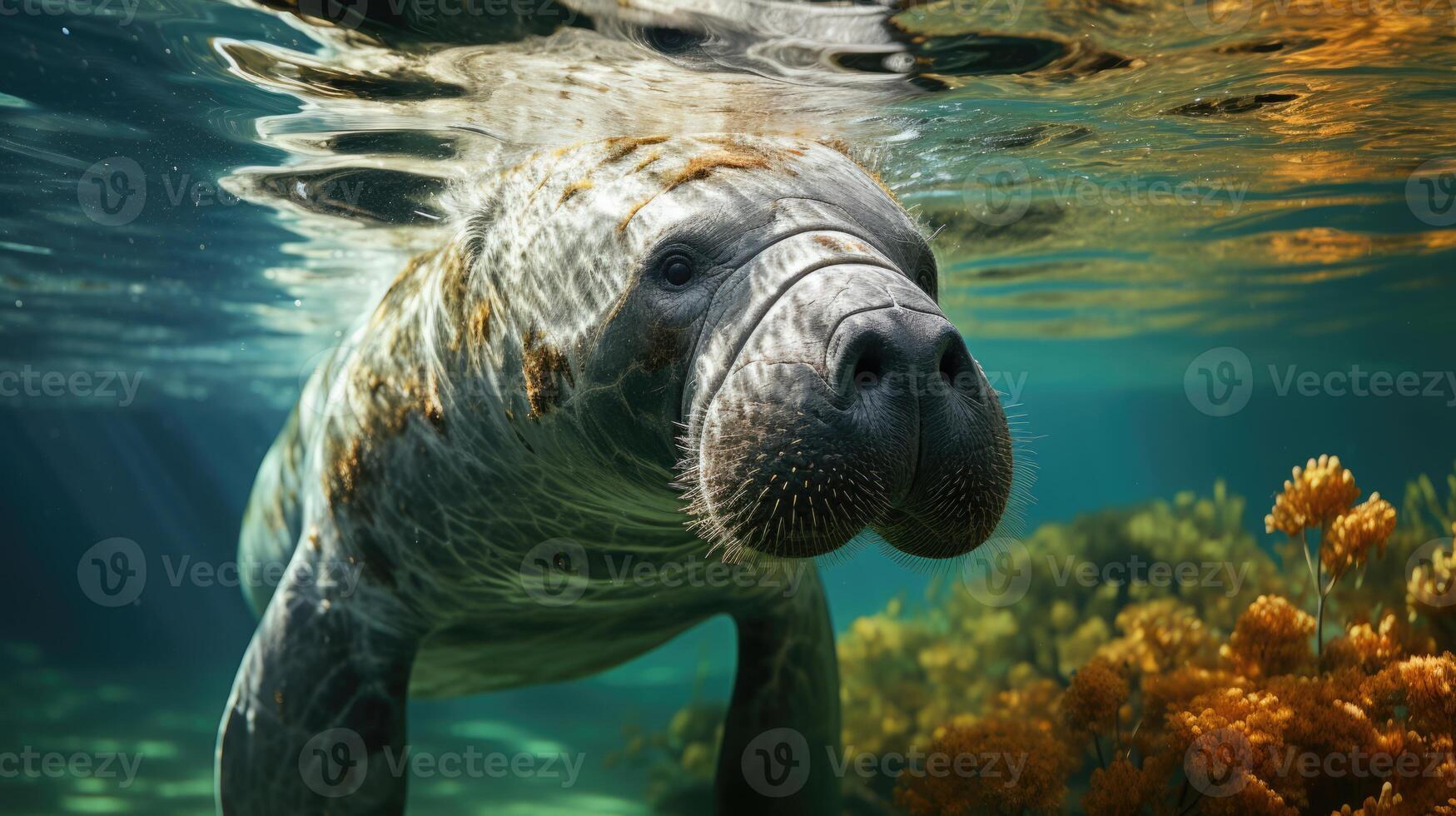 ai generato lamantino pascolo nel fanerogame un' sereno subacqueo scena cattura marino vita e eco-friendly aspetti su mondo fanerogame giorno, mare mucca nel suo acquatico, lamantino e fanerogame biodiversità foto