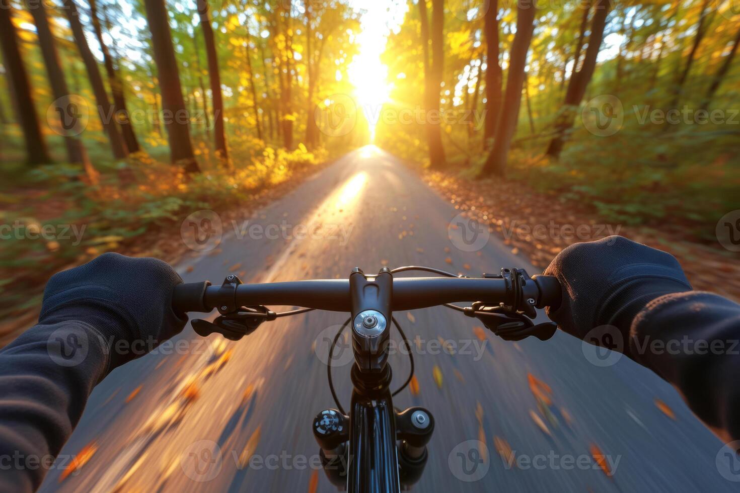 ai generato Ciclismo e persona su un' bicicletta nel natura. primo persona Visualizza di equitazione bicicletta nel il boschi. generativo ai foto