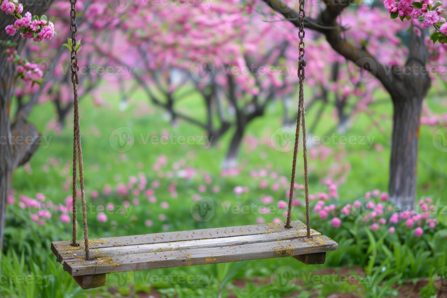 ai generato di legno swing sospeso a partire dal un' albero nel un' fioritura giardino. generativo ai foto