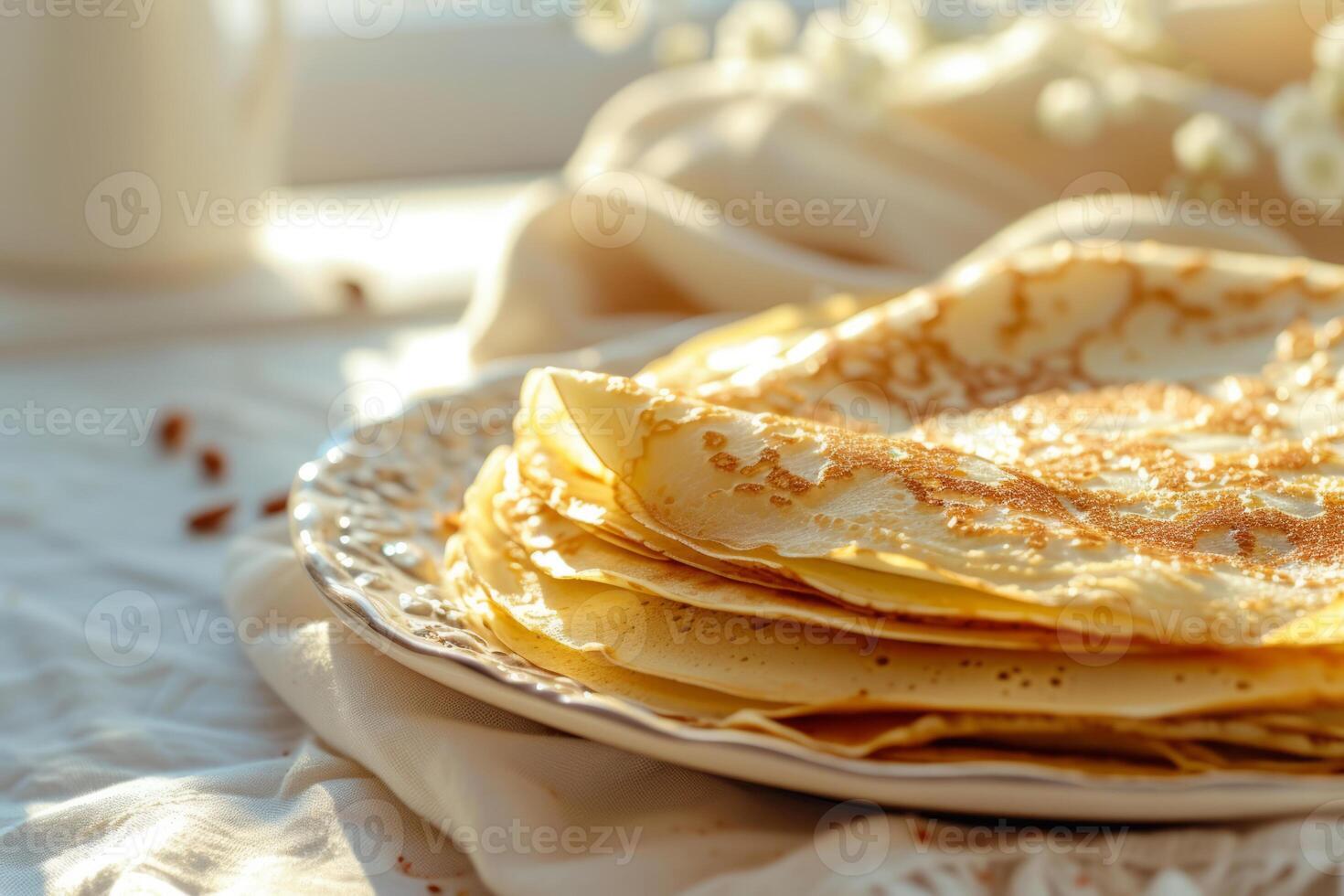 ai generato pila di fresco fatti in casa crepes su piatto. generativo ai foto