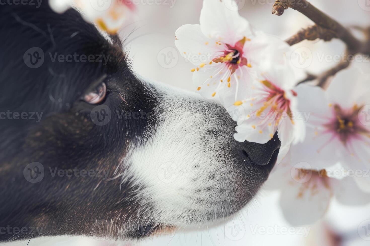 ai generato avvicinamento di un' cane annusando un' primavera fiore. cane odorare fiore. generativo ai foto