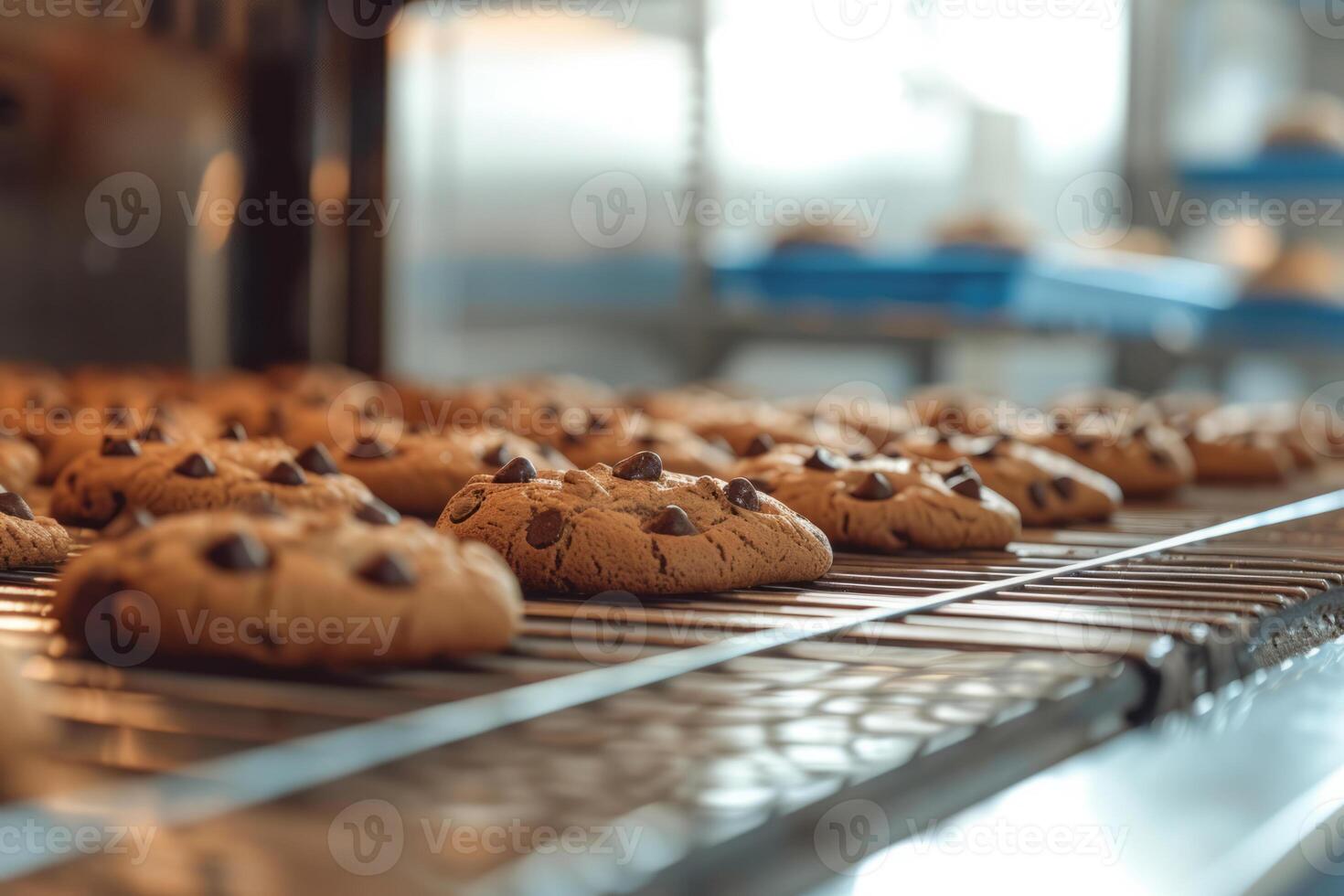 ai generato industriale produzione linea di cioccolato biscotti In arrivo su di il forno. generativo ai foto