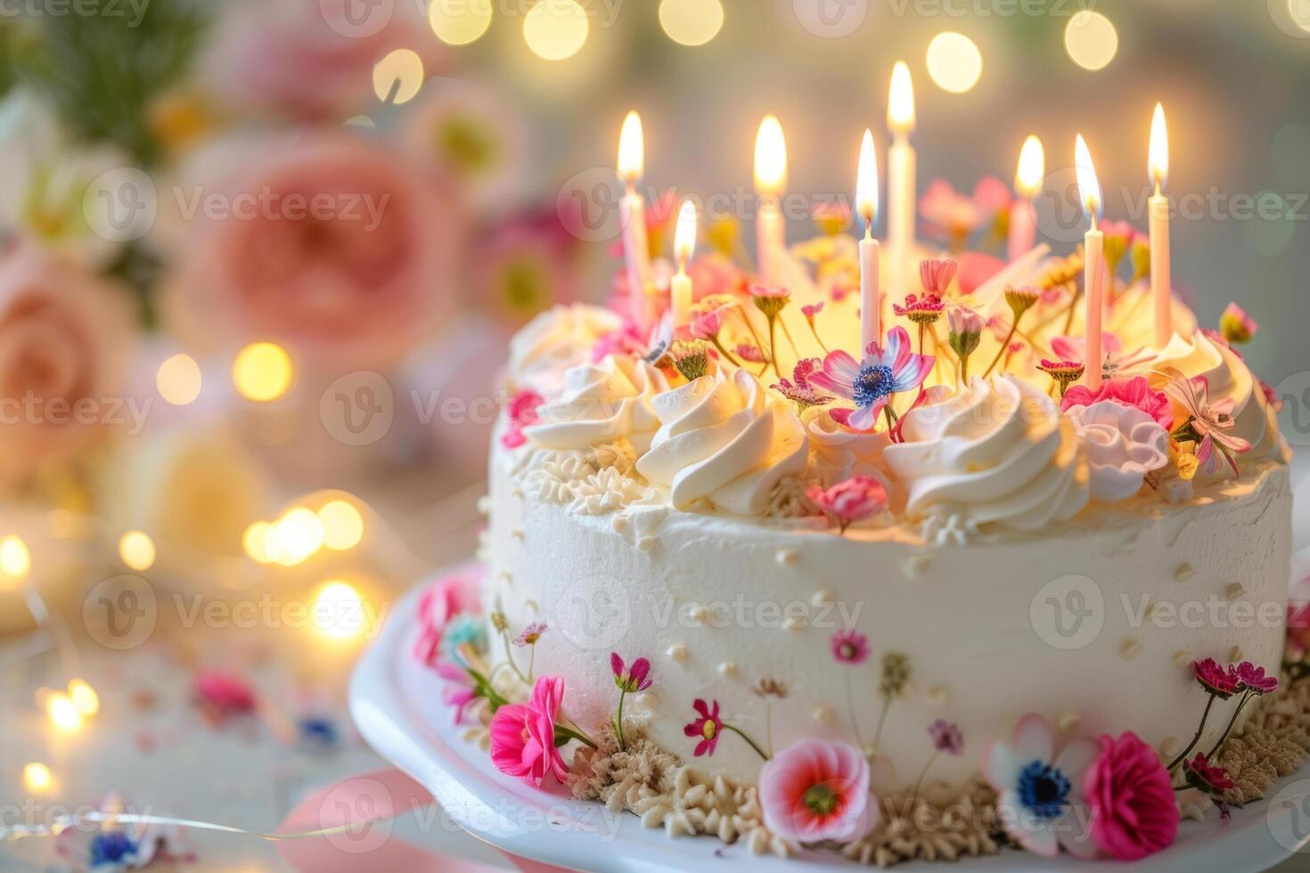 ai generato meravigliosamente decorato compleanno torta con illuminato candele. generativo ai foto