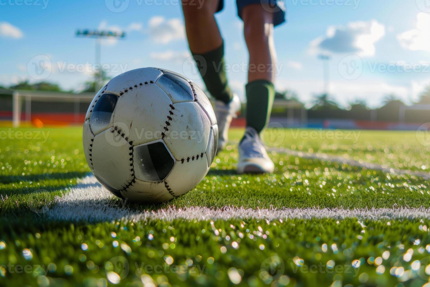 ai generato calcio giocatore con un' palla nel azione. calcio giocatore calci il sfera. generativo ai foto