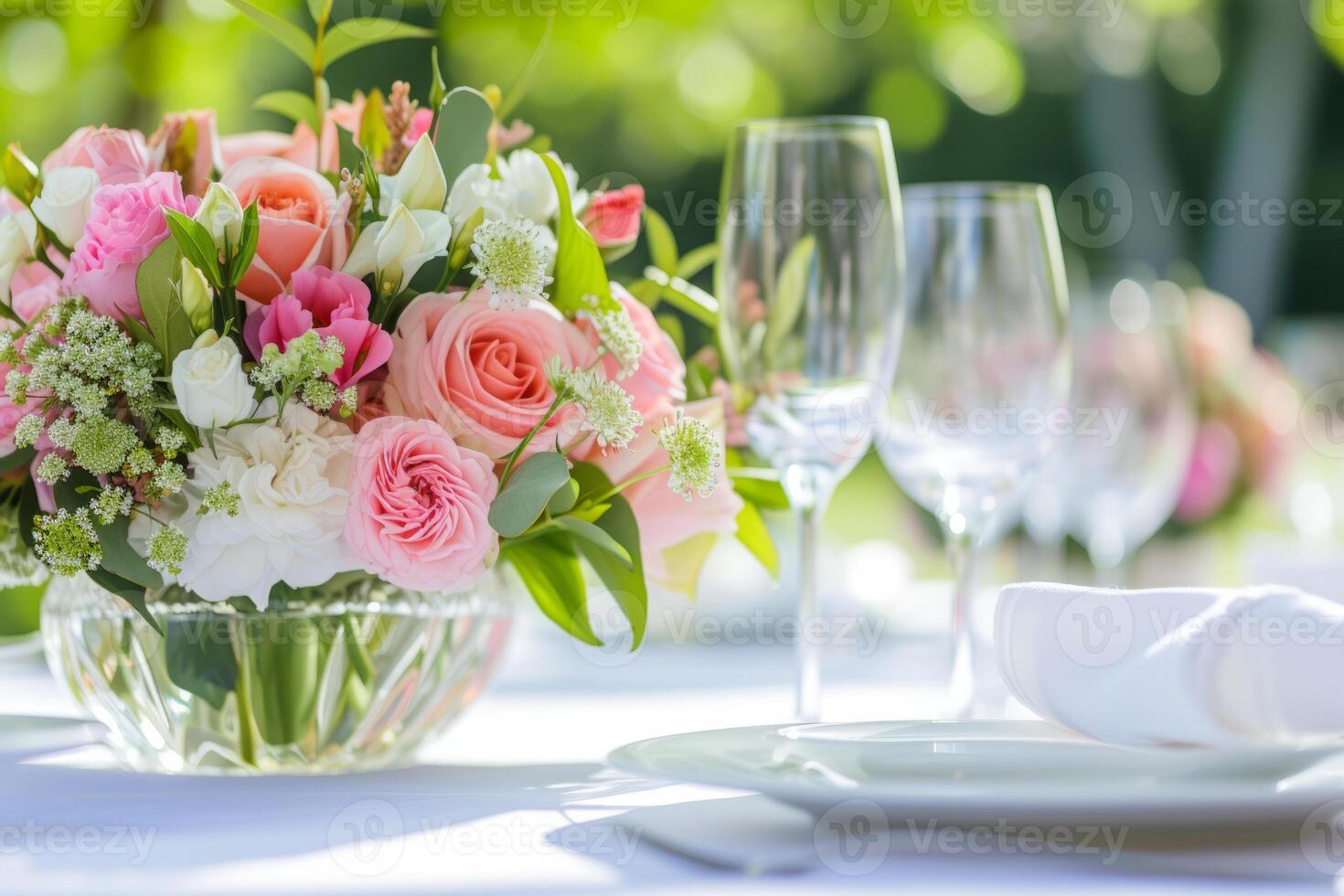 ai generato tavolo impostazioni con floreale disposizione. speciale evento tavolo impostato su. fresco fiore decorazione. generativo ai foto