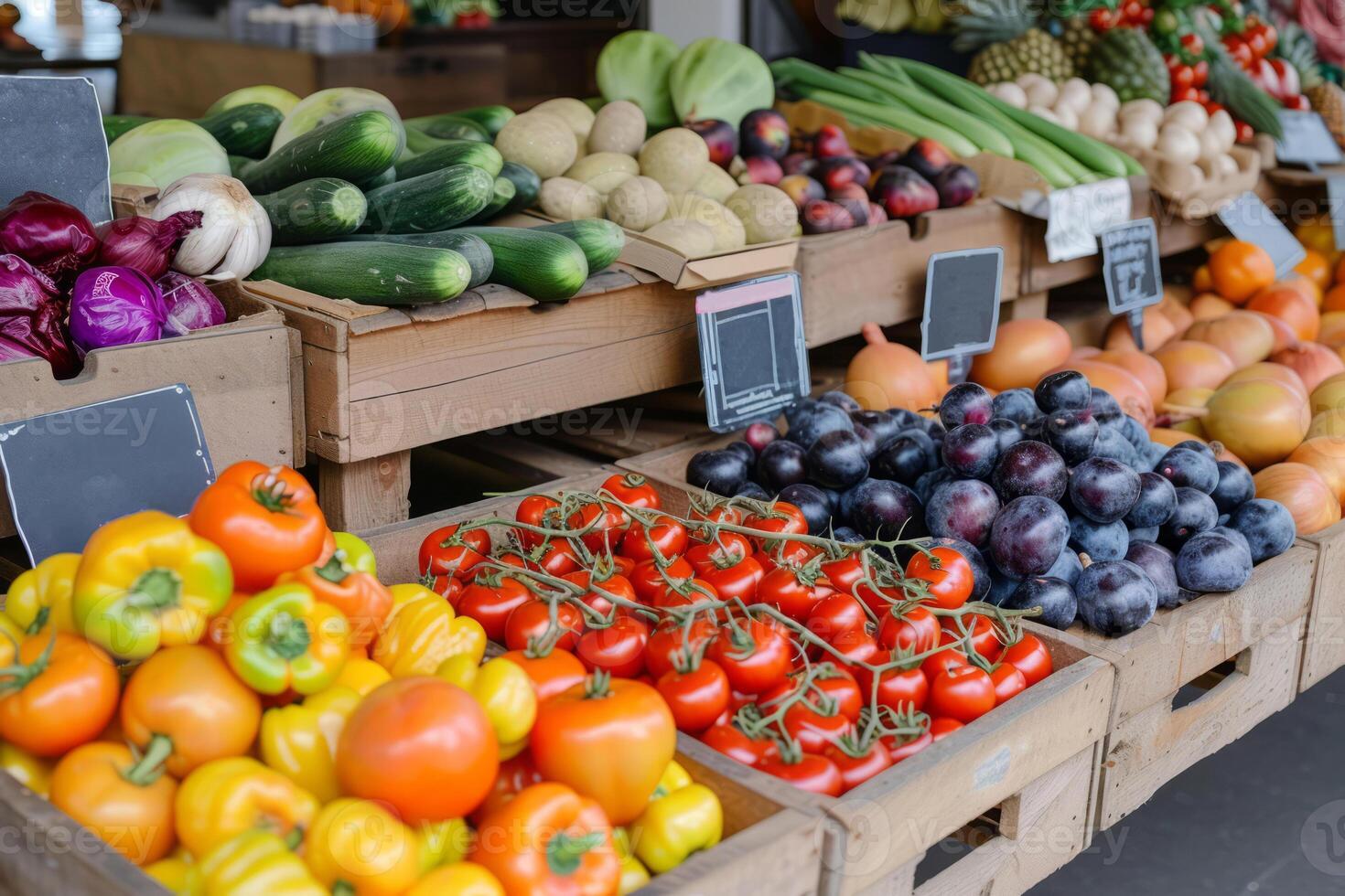 ai generato fresco biologico frutta e verdure a agricoltori mercato. generativo ai foto