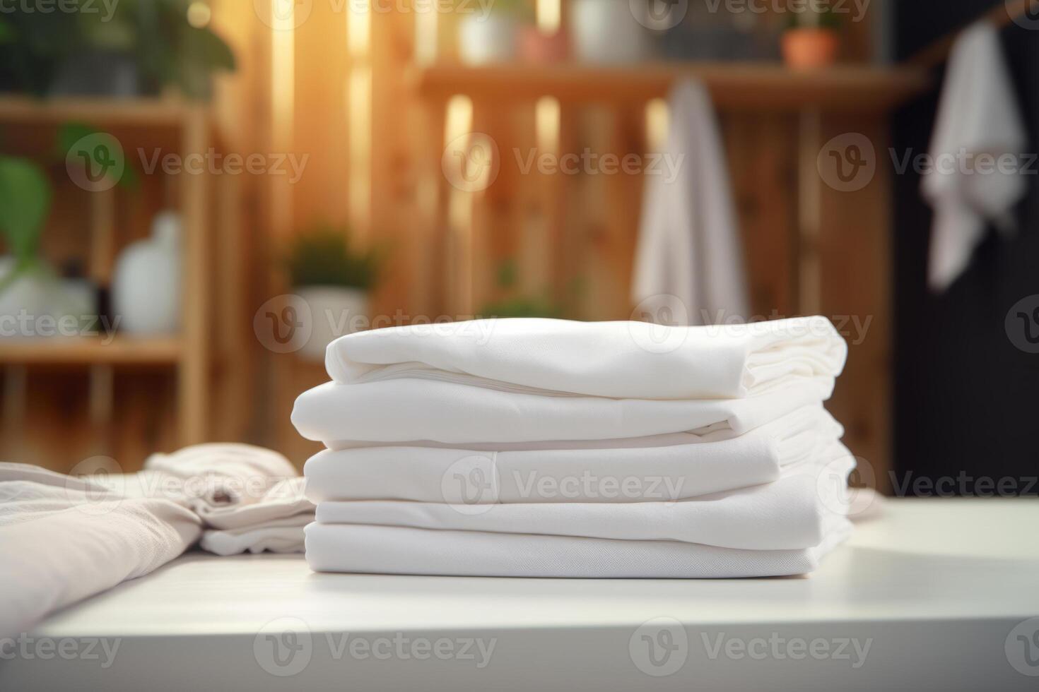 ai generato pila di pulito biancheria da letto lenzuola su sfocato lavanderia camera sfondo. generativo ai foto