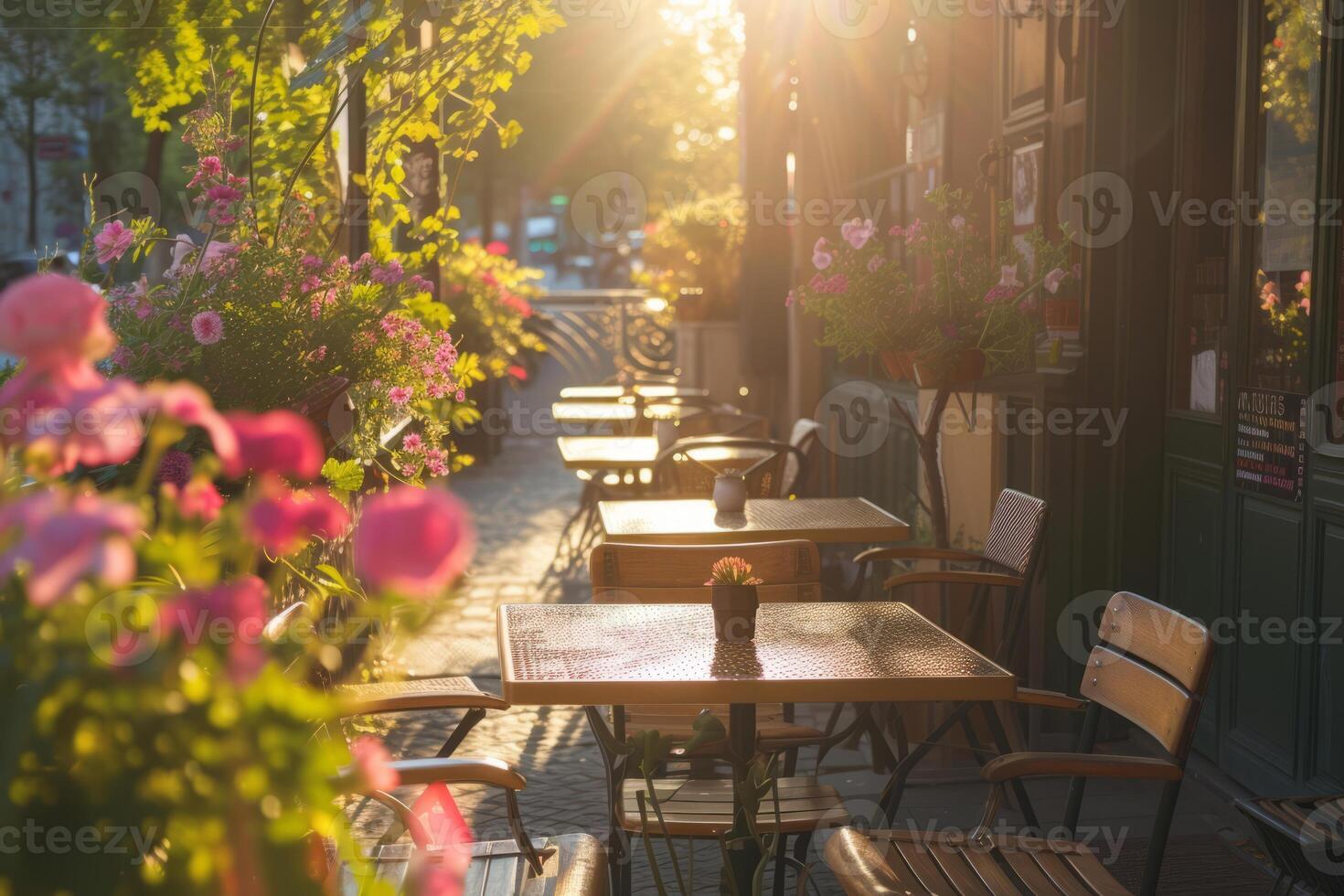 ai generato all'aperto vuoto ristorante terrazza con tavoli e sedie. bar con tavoli fuori. generativo ai foto