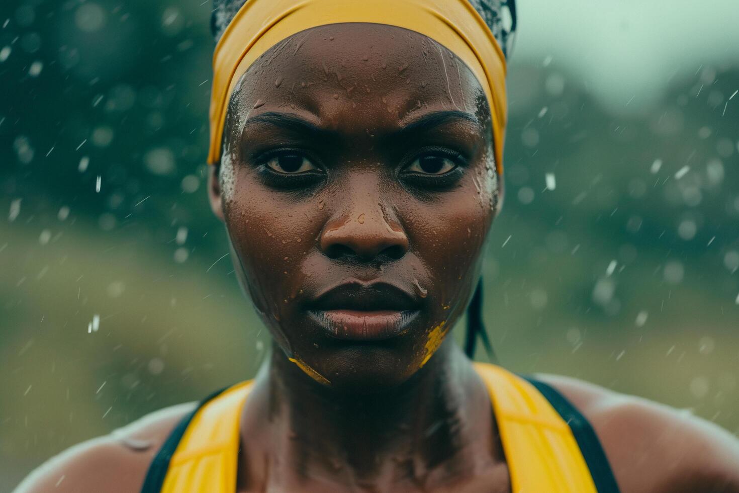 ai generato vicino su ritratto di un' giovane africano americano donna sotto pioggia. foto