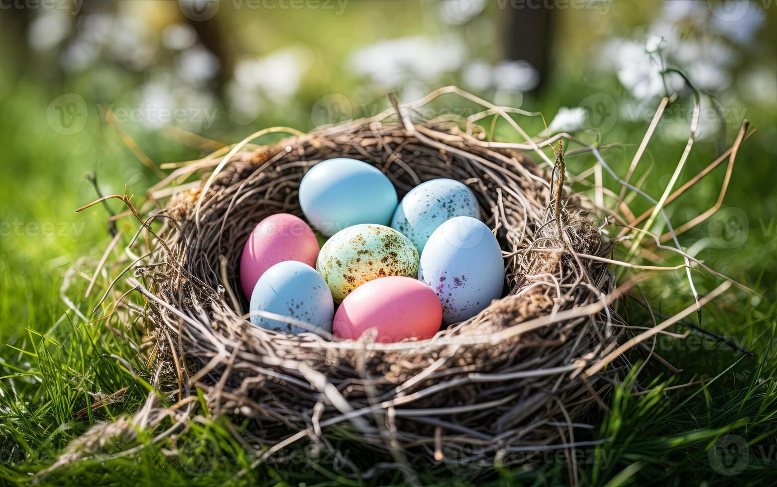 ai generato nido con Pasqua uova nel erba su un' soleggiato primavera giorno foto