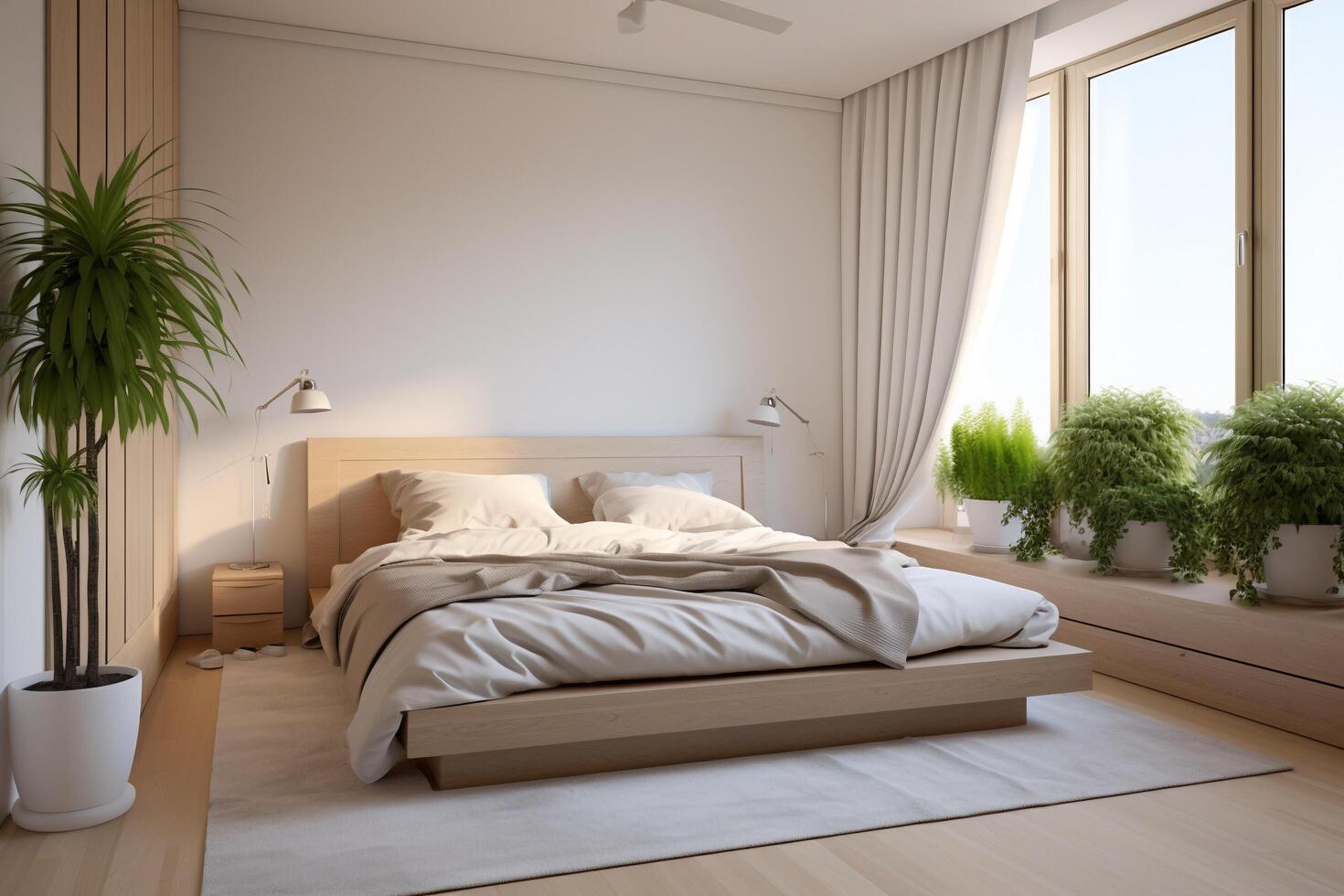 ai generato interno di moderno Camera da letto con beige muri, di legno pavimento e confortevole re dimensione letto. foto