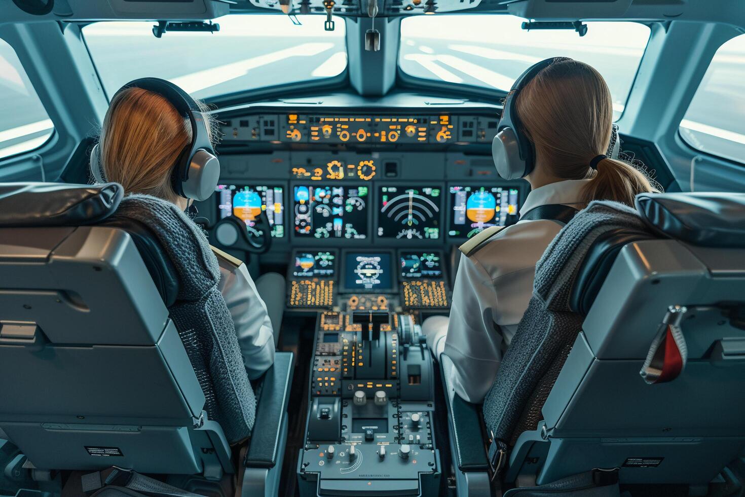 ai generato piloti nel cabina di pilotaggio preparazione per notte volo. foto