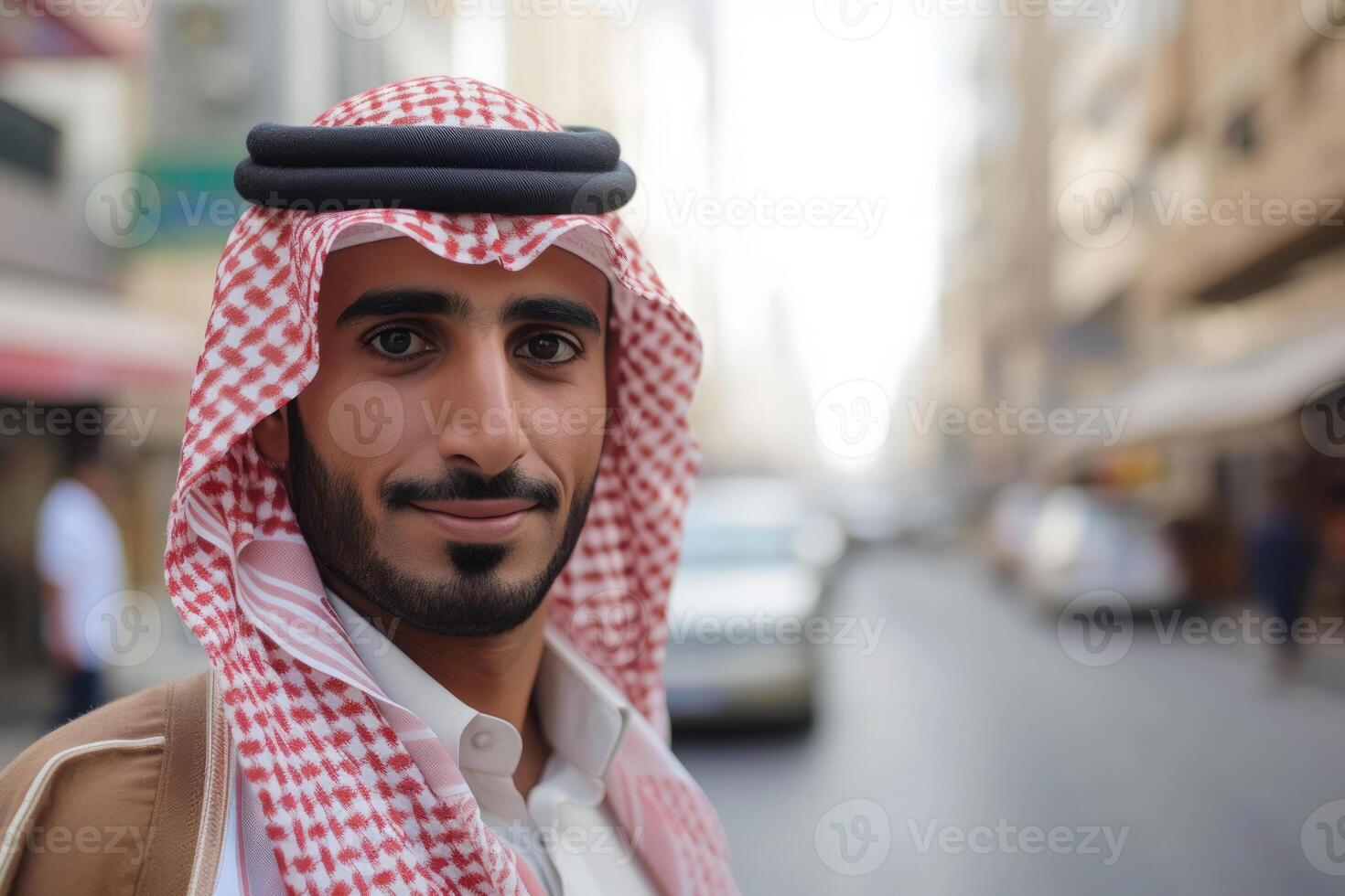 ai generato ritratto di un arabo uomo nel tradizionale Abiti su un' città strada foto