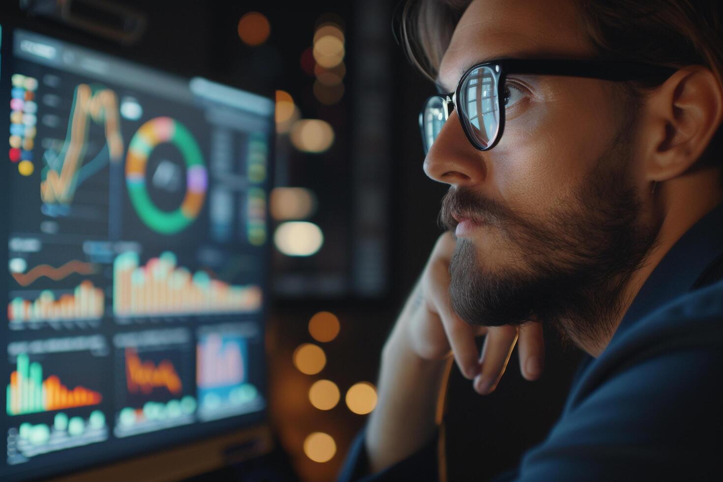 ai generato dati analista Lavorando su multiplo computer schermi. foto