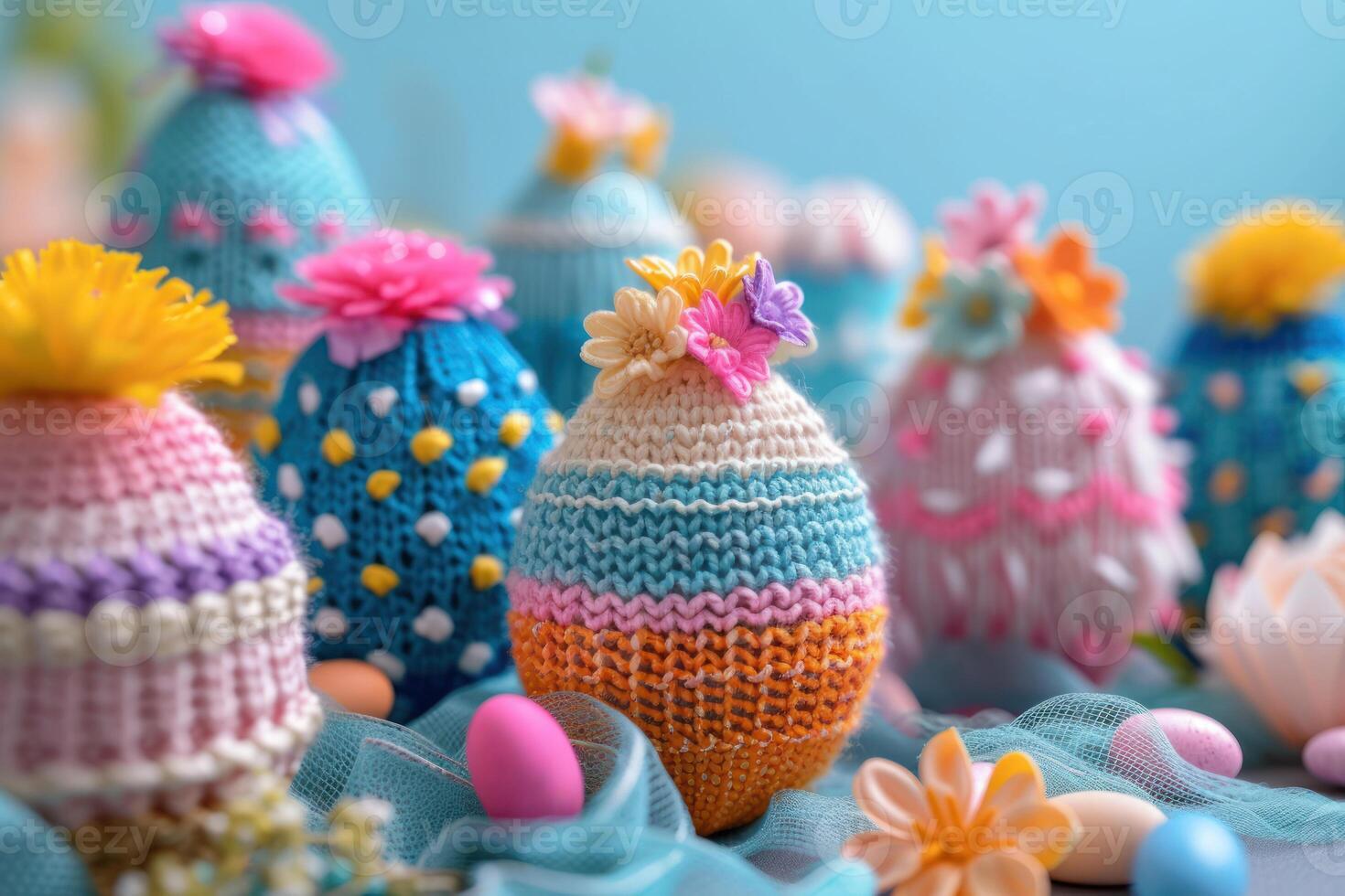 ai generato fatto a mano a maglia Pasqua uova con colorato floreale accenti, allegro modelli su blu sfondo foto