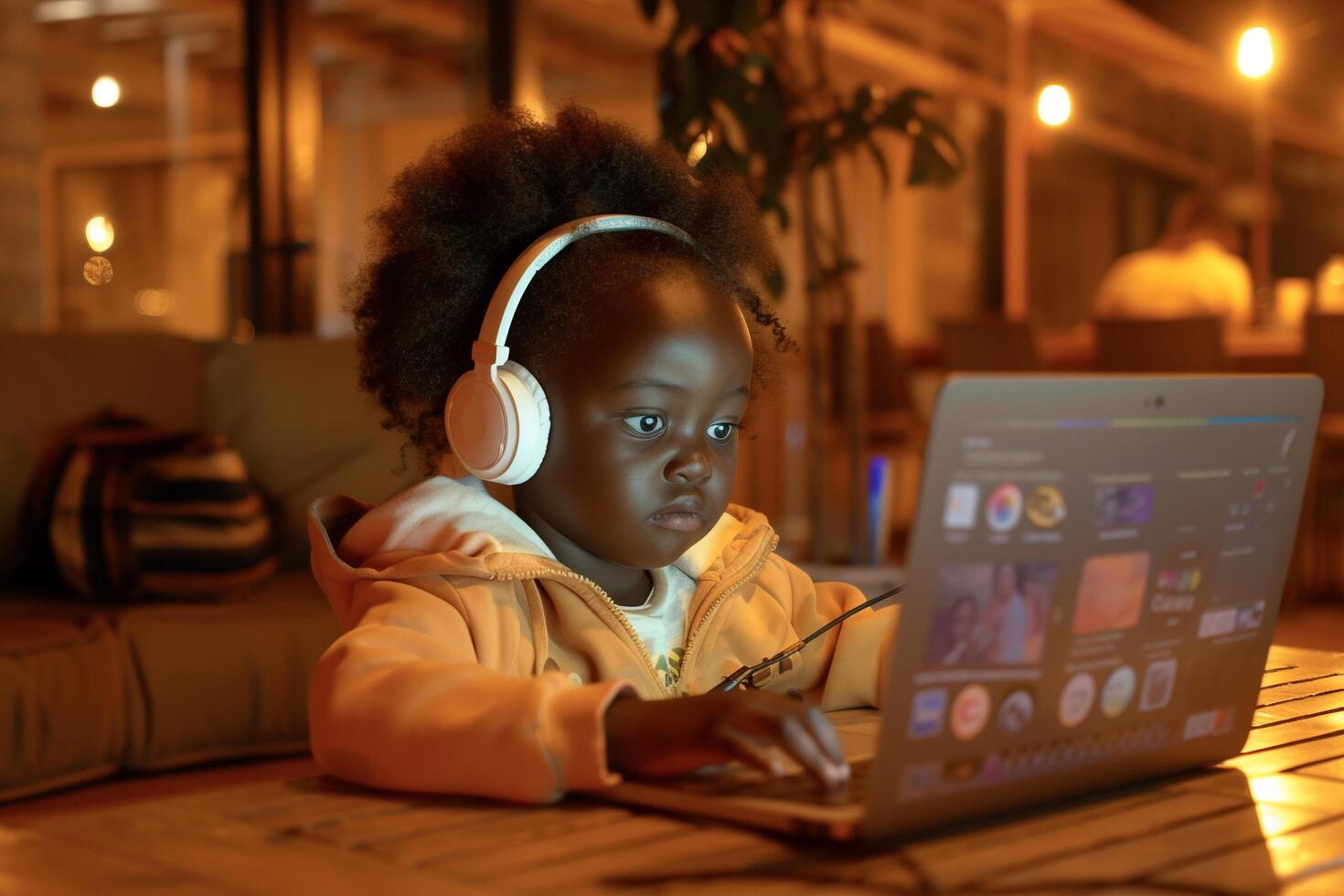 ai generato bambino piccolo ragazza focalizzata su il computer portatile con cuffie con ai generato. foto