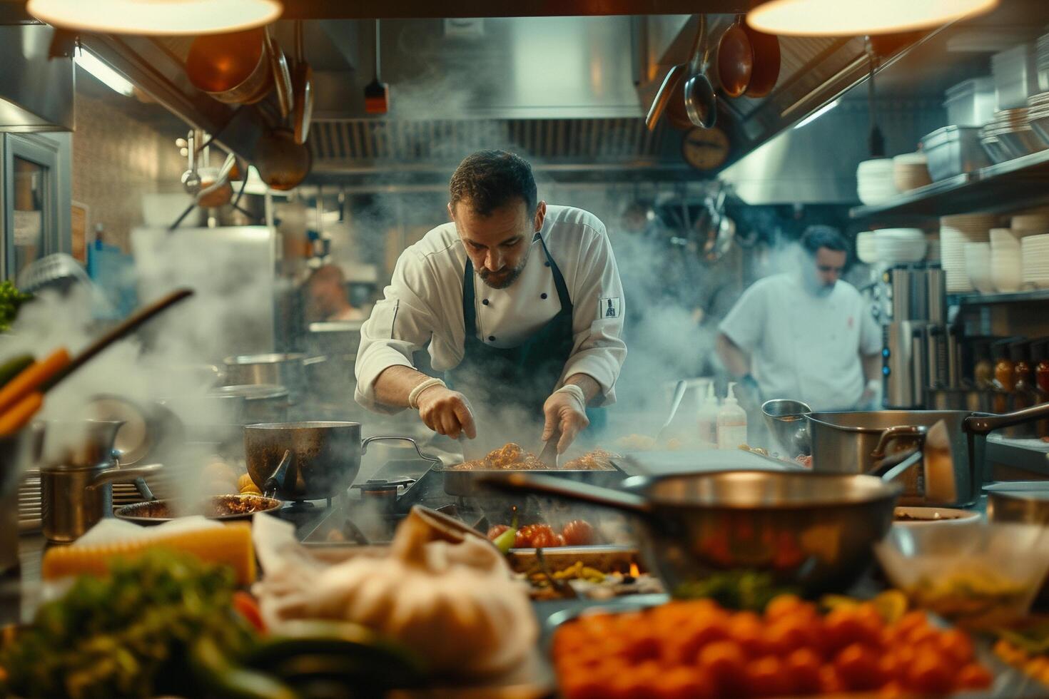 ai generato esperto capocuoco cucinando nel un' professionale cucina con ai generato. foto