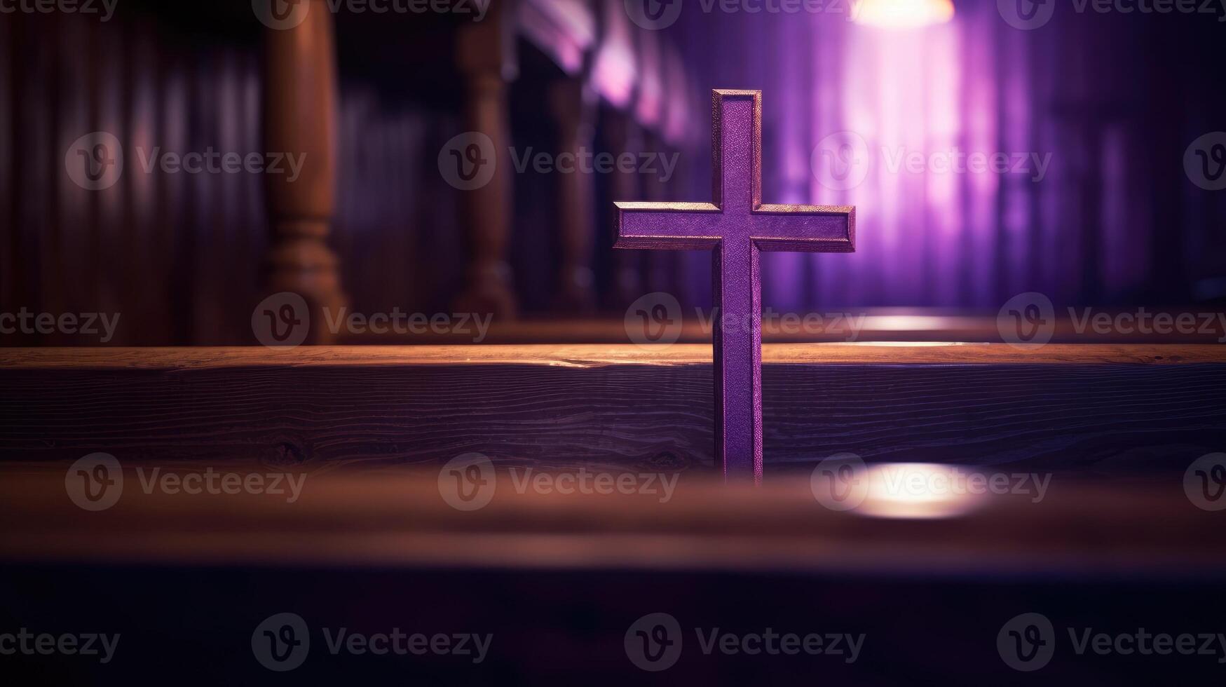 ai generato viola di legno attraversare su un vuoto banco nel il Chiesa foto