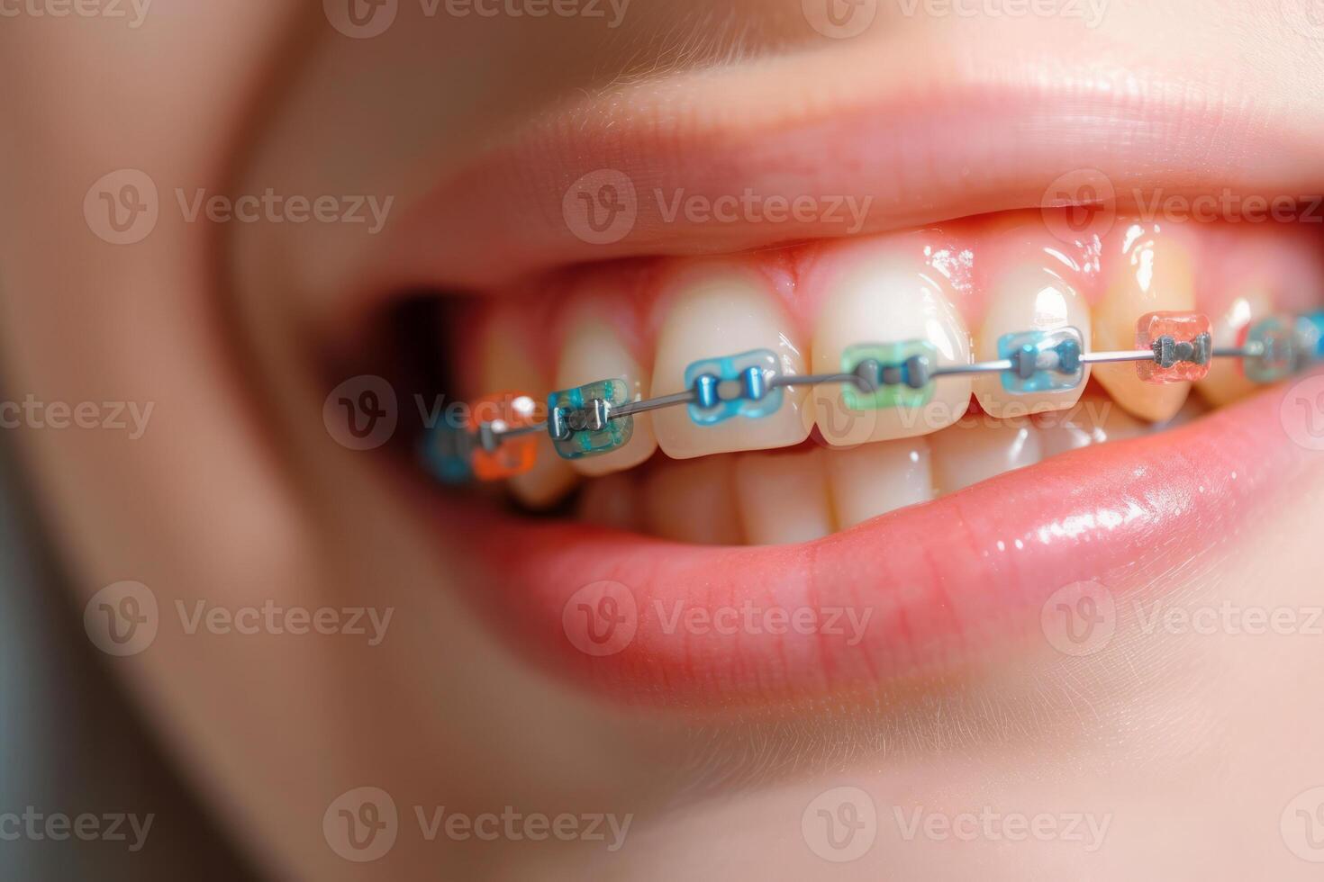 ai generato vicino su tiro di colorato ortodontico bretelle su ragazze denti foto