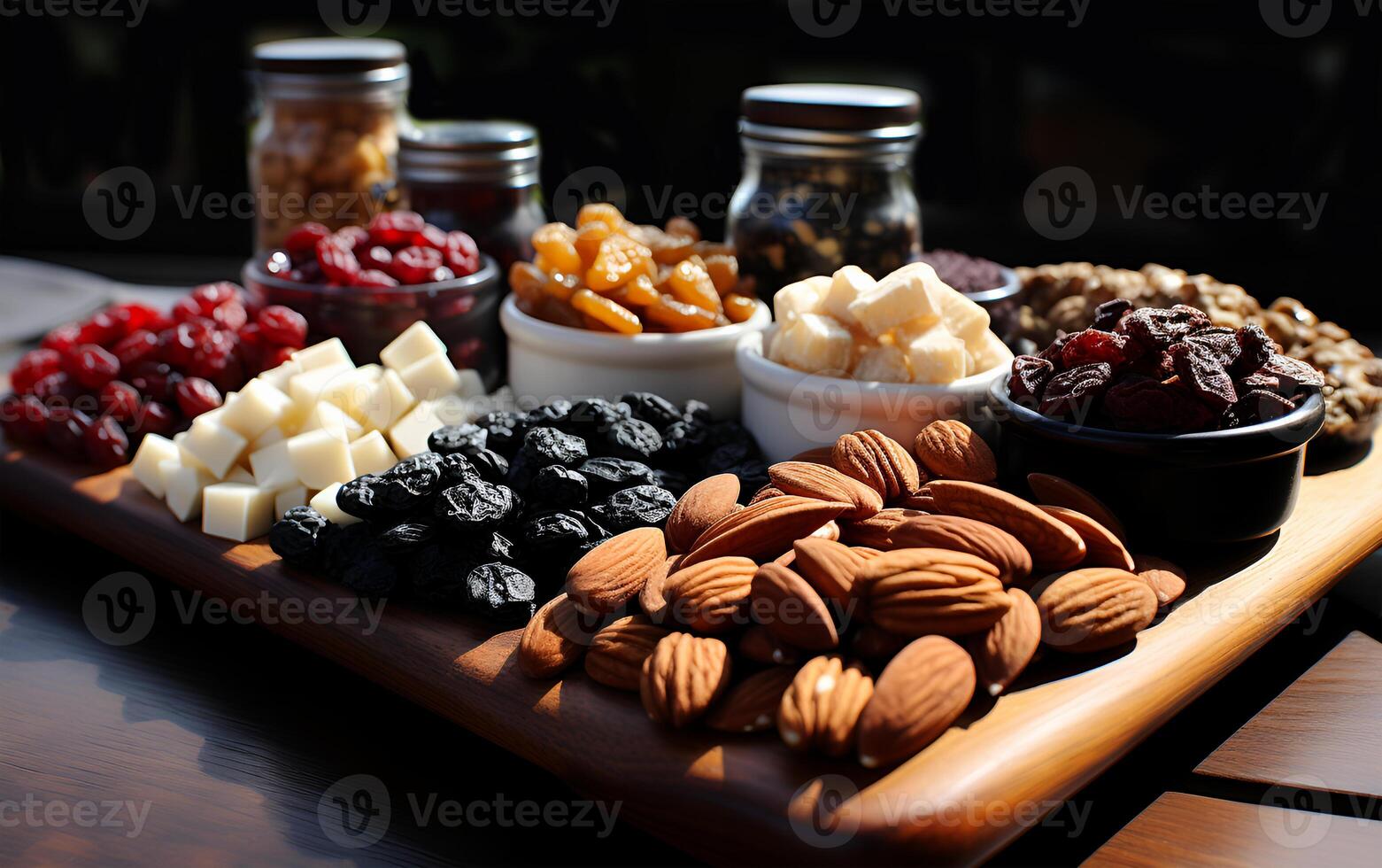 ai generato Visualizza di cioccolato noccioline e altro delizioso cibo su un' di legno tavolo foto