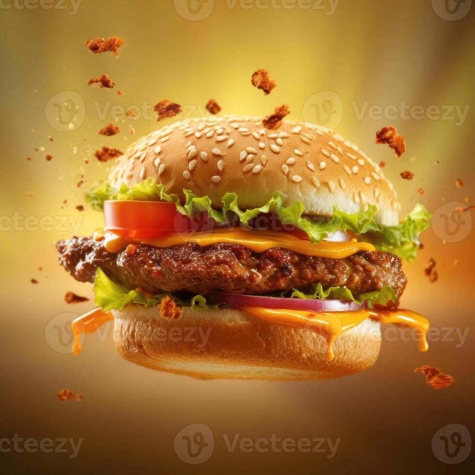 ai generato avvicinamento di americano Manzo hamburger con formaggio e verdure. azione metraggio Immagine per il concetto di disegno, marketing, promozione di sociale media Annunci campagna. vuoto copia spazio per testo. foto