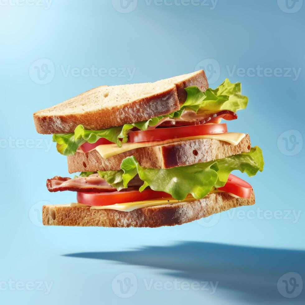 ai generato super attraente stizzoso Doppio Sandwich con pomodori, fetta di formaggio, mucca carne, e fresco lattuga isolato su blu studio sfondo. avvicinamento di Sandwich su il aria. foto