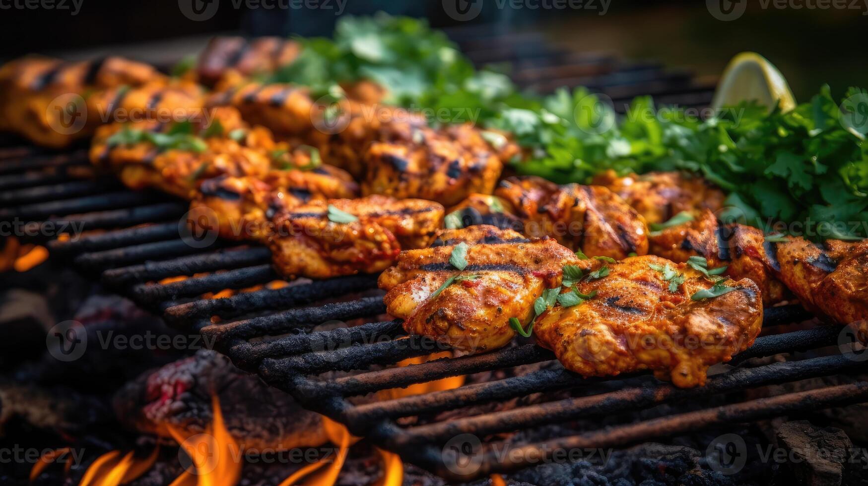 ai generato pollo tikka kabab essere grigliato al di sopra di carbone foto