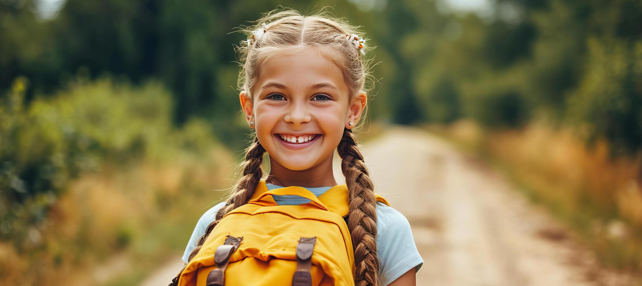 ai generato contento elementare alunno ragazza a piedi per scuola costruzione, indietro Visualizza con spazio per testo posizionamento foto