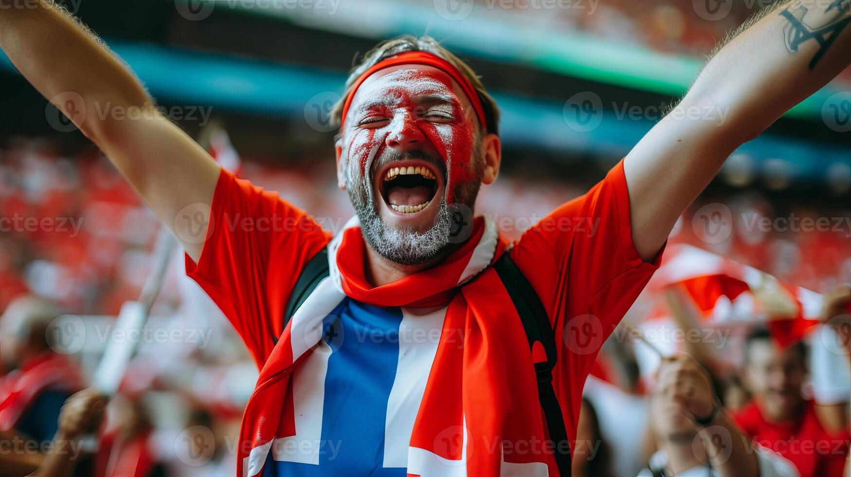ai generato applauso Inghilterra calcio fan con dipinto viso nel sfocato stadio sfondo e copia spazio foto