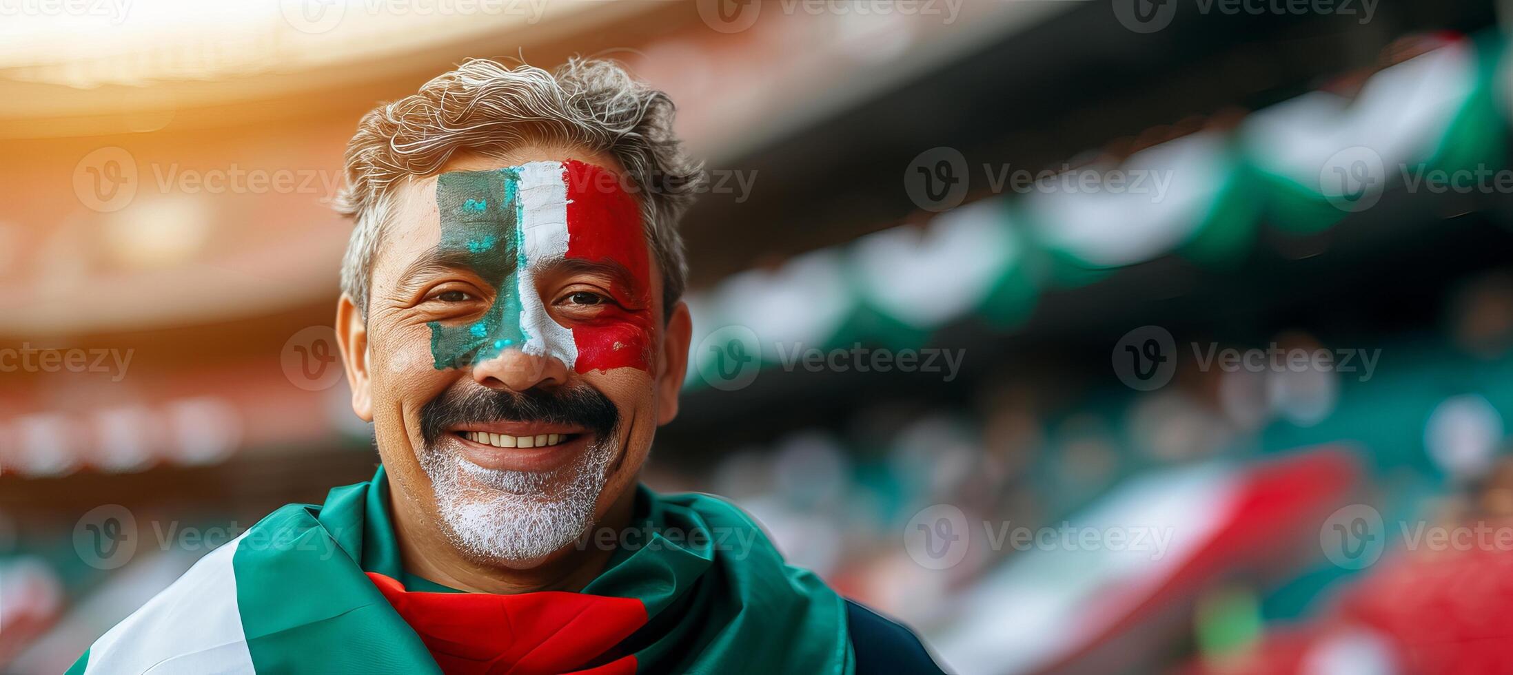 ai generato messicano calcio fan con bandiera viso dipingere festeggiare, sfocato stadio sfondo con testo spazio foto