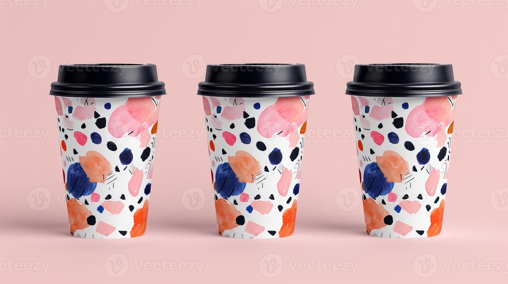 ai generato tre astratto caffè negozio tazza porta via design su pastello sfondo, moderno caffè negozio tazza design foto