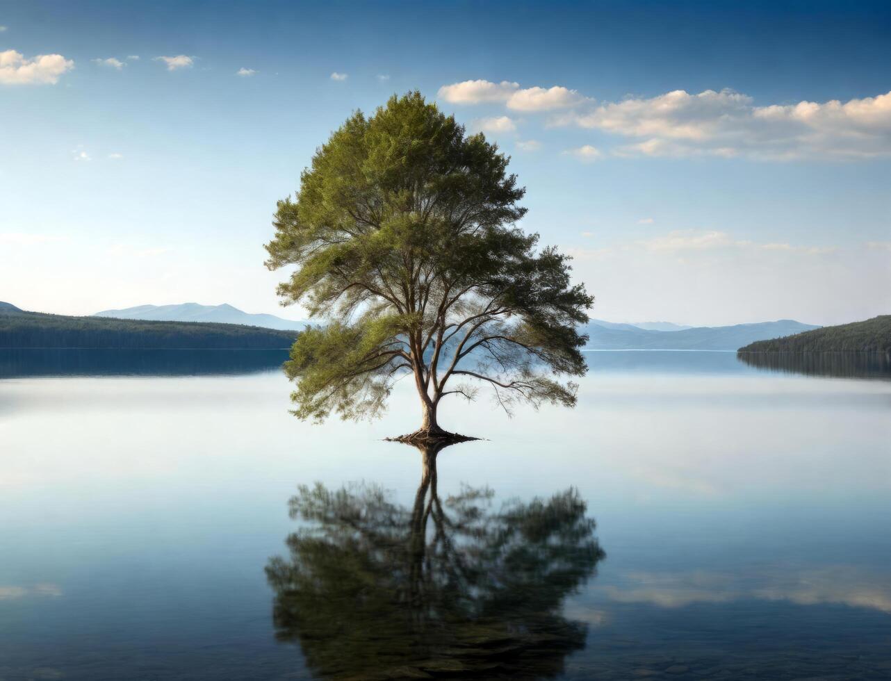 ai generato paesaggio con un' solitario albero con lussureggiante verde foglie, in piedi nel il mezzo di un' lago, riflettendo perfettamente su il acqua superficie foto