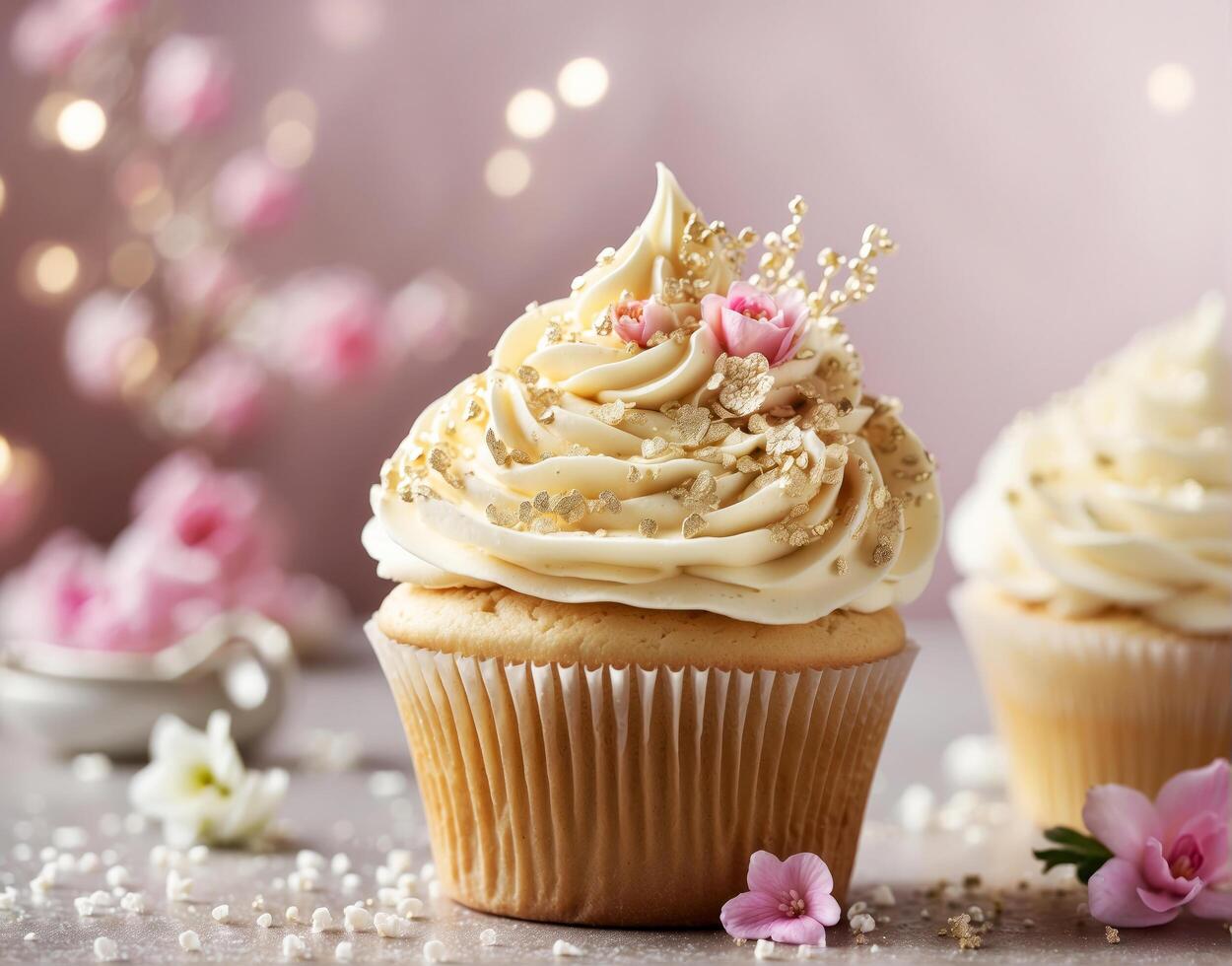 ai generato decorato Cupcake ornato con cremoso glassa, cosparso con d'oro briciole, e guarnito con rosa fiori foto