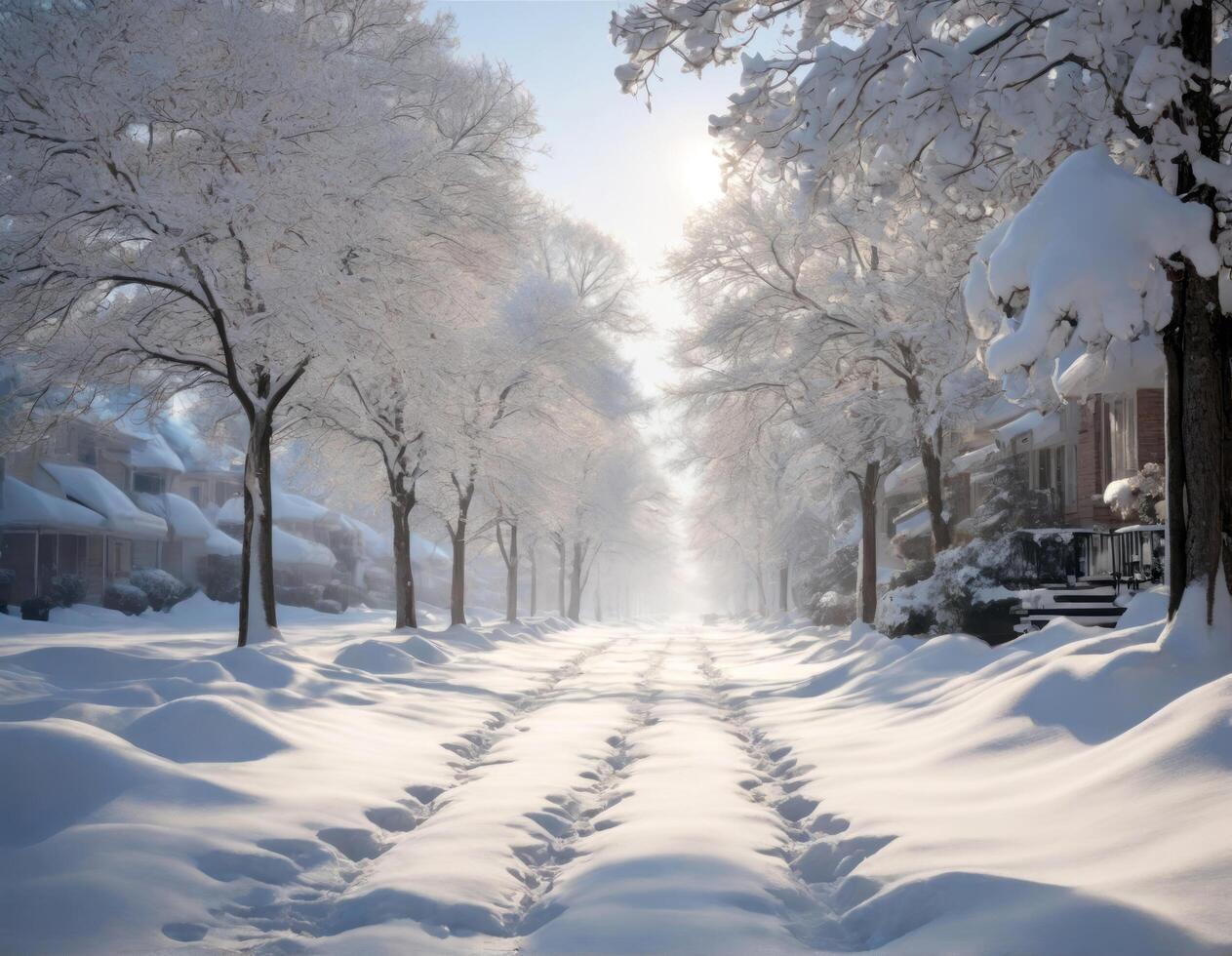 ai generato neve coperto strada foderato con alberi foto