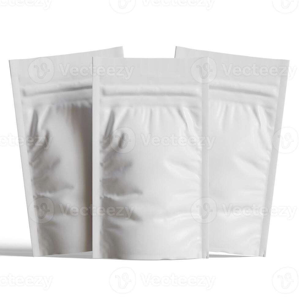 vuoto bianca alluminio Foglio plastica marsupio Borsa bustina confezione modello isolato su bianca sfondo, 3d interpretazione foto