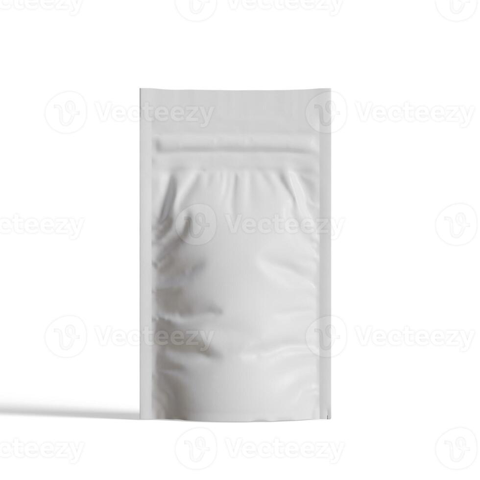 vuoto bianca alluminio Foglio plastica marsupio Borsa bustina confezione modello isolato su bianca sfondo, 3d interpretazione foto