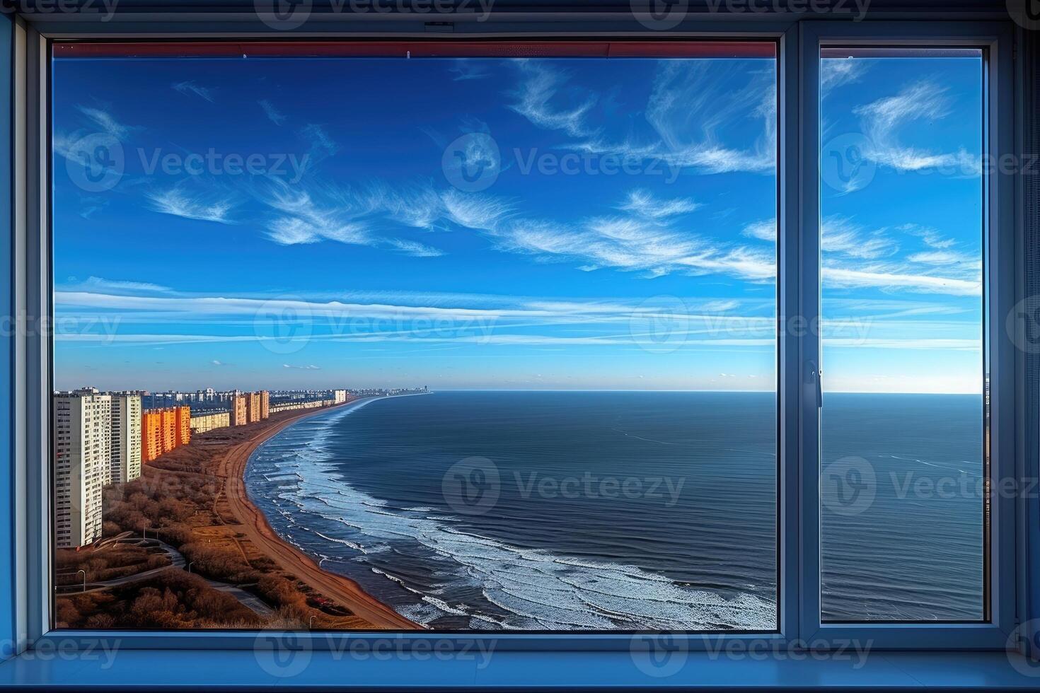 ai generato panoramico mostrando di un' paesaggio marino con blu cielo sopra sunlights professionale fotografia foto
