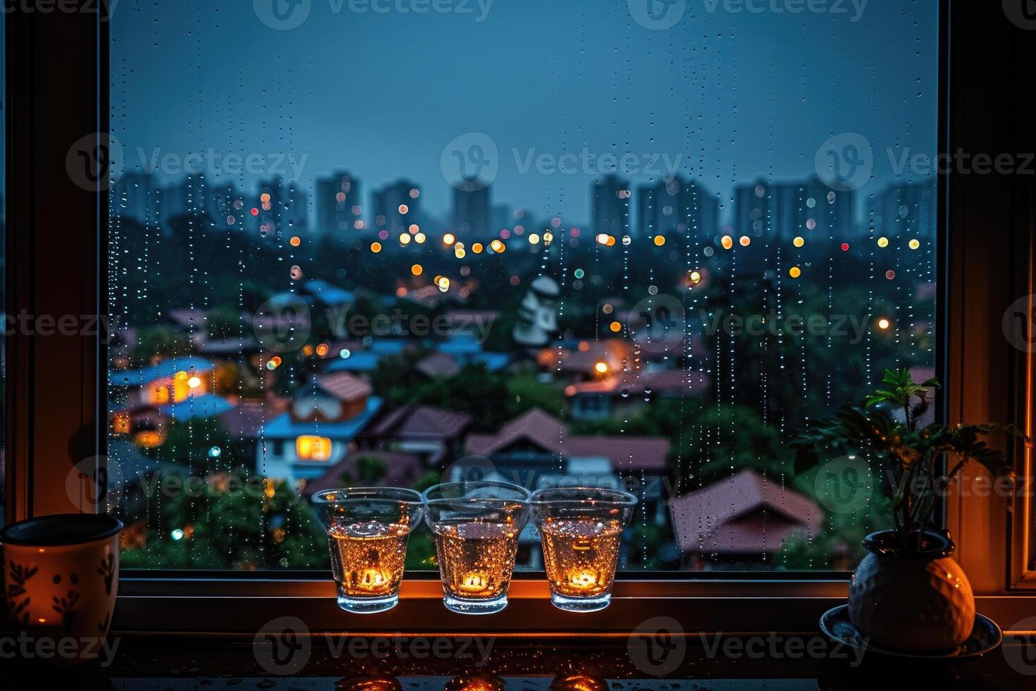 ai generato panoramico finestra mostrando un' Visualizza di un' notte tempo città illuminato su con luci e piovoso professionale fotografia foto