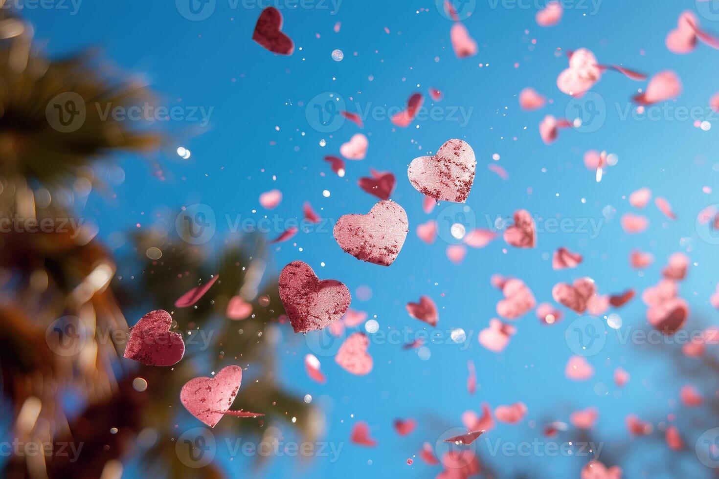 ai generato cuore sagomato coriandoli caduta a partire dal un' luminosa blu cielo professionale fotografia sfondo foto