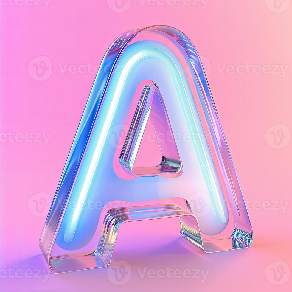 ai generato lettera un, trasparente bicchiere effetto. lucido tipografico cartello con plastica viola riflessione. alfabetico rosa neon font. ai generato foto