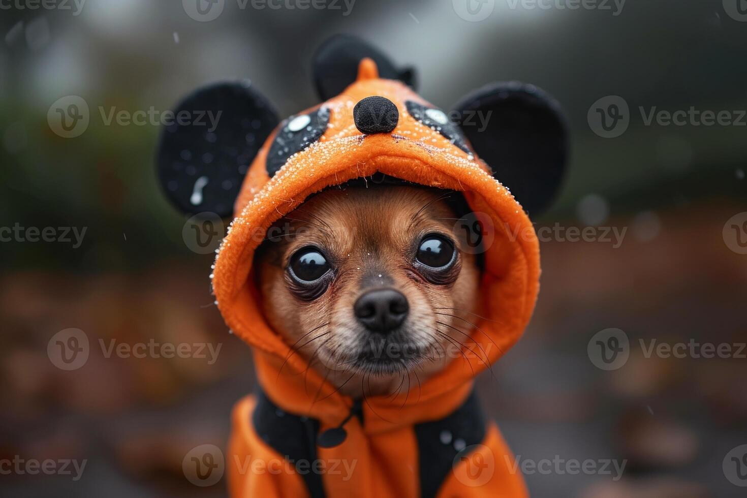 ai generato piccolo cane indossare Topolino topo costume, animale domestico scherzi Immagine foto