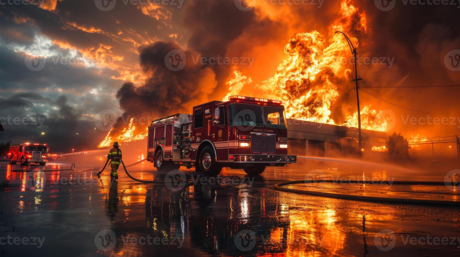 ai generato pompiere nel azione, combattendo un' feroce fiammata con un' potente tubo flessibile, fiamme inghiottire un' edificio nel il sfondo, fuoco camion e squadra su stand-by, intenso e eroico atmosfera foto