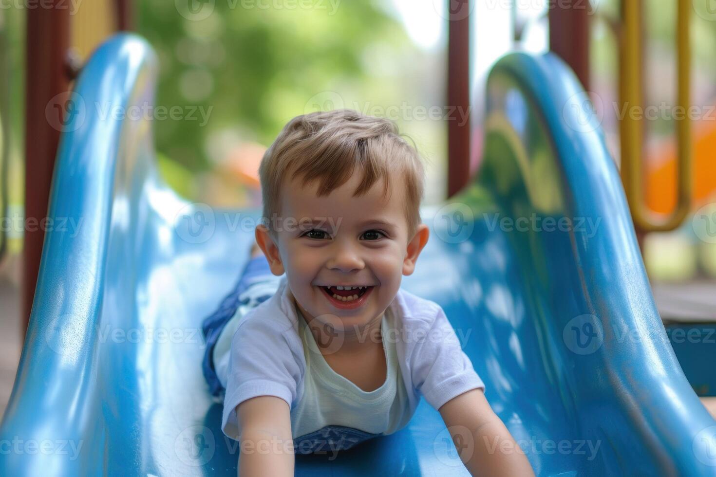 ai generato contento bambino in età prescolare ragazzo giocando su un' diapositiva su il terreno di gioco nel estate foto