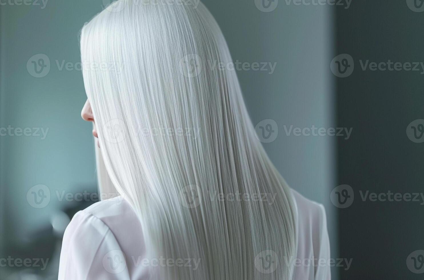 ai generato di seta liscio, dritto argento capelli di un' donna.elegante argento capelli eleganza. foto