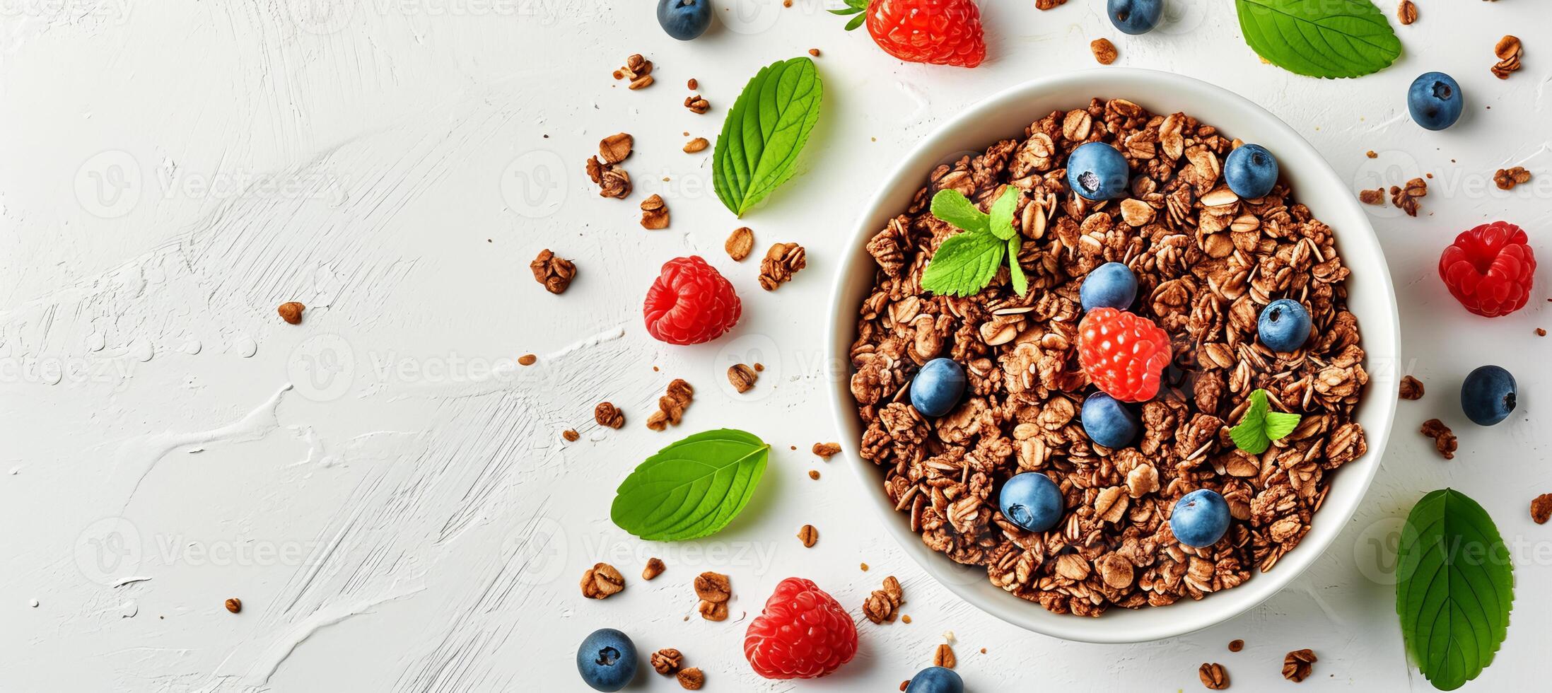 ai generato salutare fiocchi d'avena porridge con frutti di bosco su bianca tavolo superiore Visualizza, dieta prima colazione con copia spazio foto