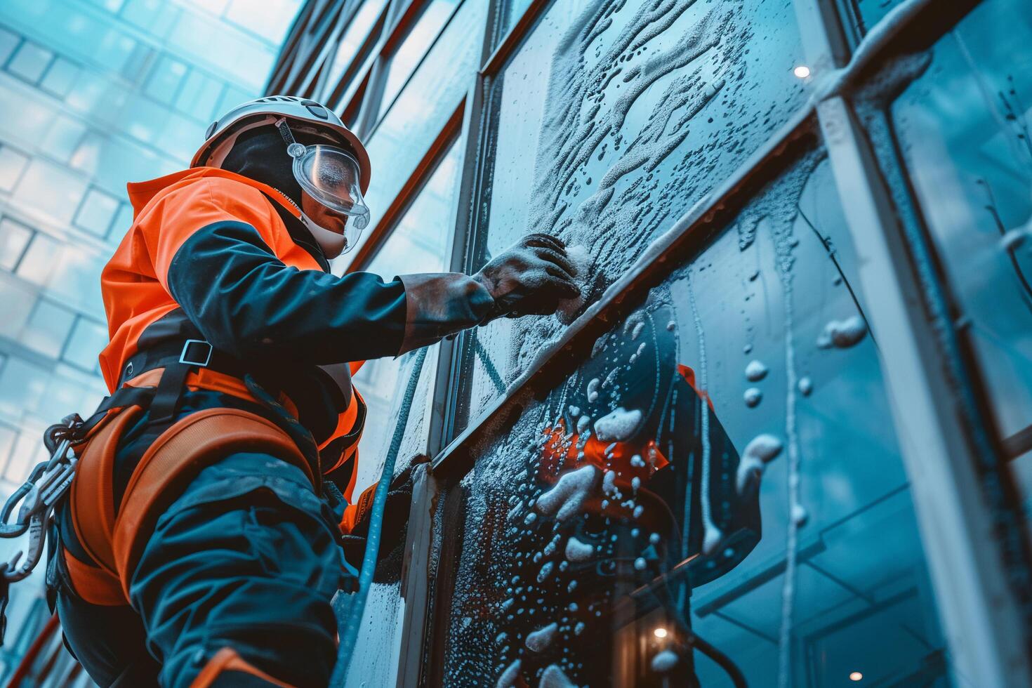 ai generato industriale scalatore lavaggio grattacielo edificio finestre con ai generato. foto