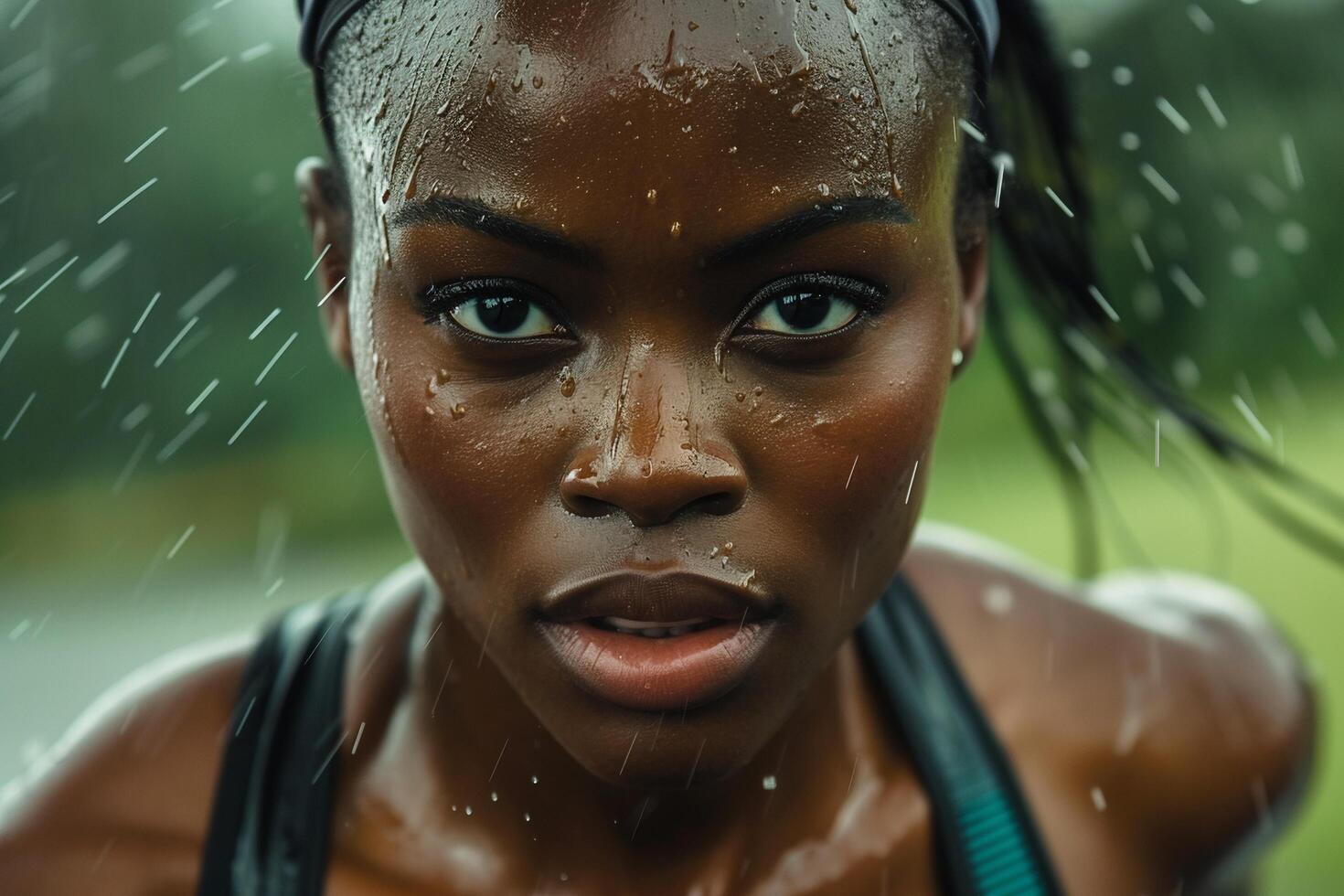 ai generato vicino su ritratto di un' giovane africano americano donna sotto pioggia. foto