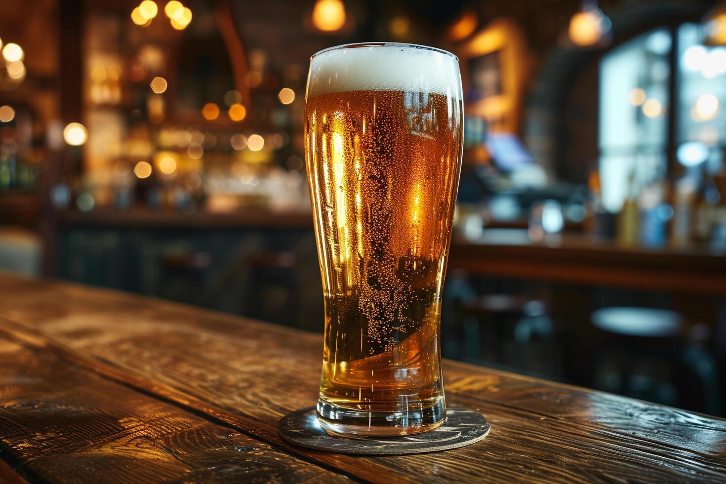 ai generato bicchiere di birra su un' di legno tavolo nel un' pub. foto
